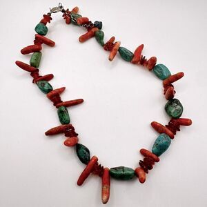 17" Coral, amber and turquoise beaded necklace with sterling silver clasp!